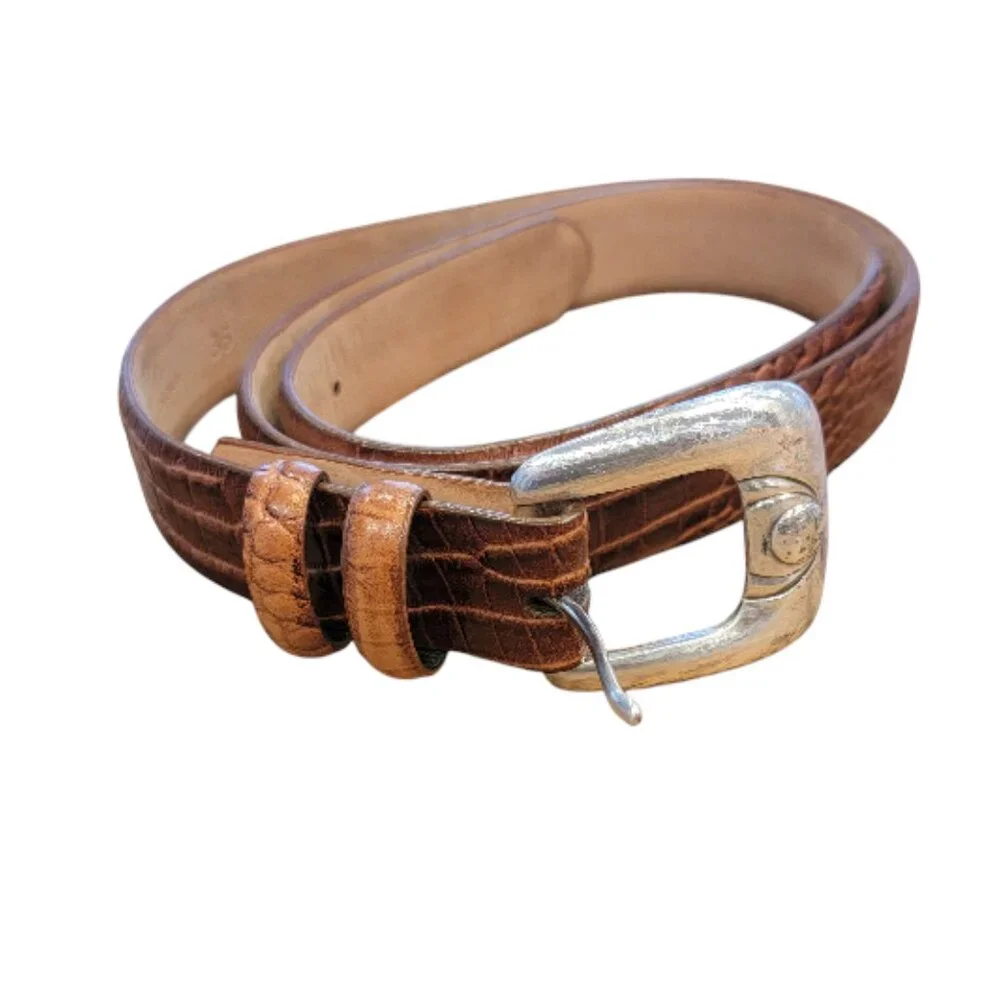 Italian Calfskin Croc Embossed Leather Belt w Silver Buckle Size 36